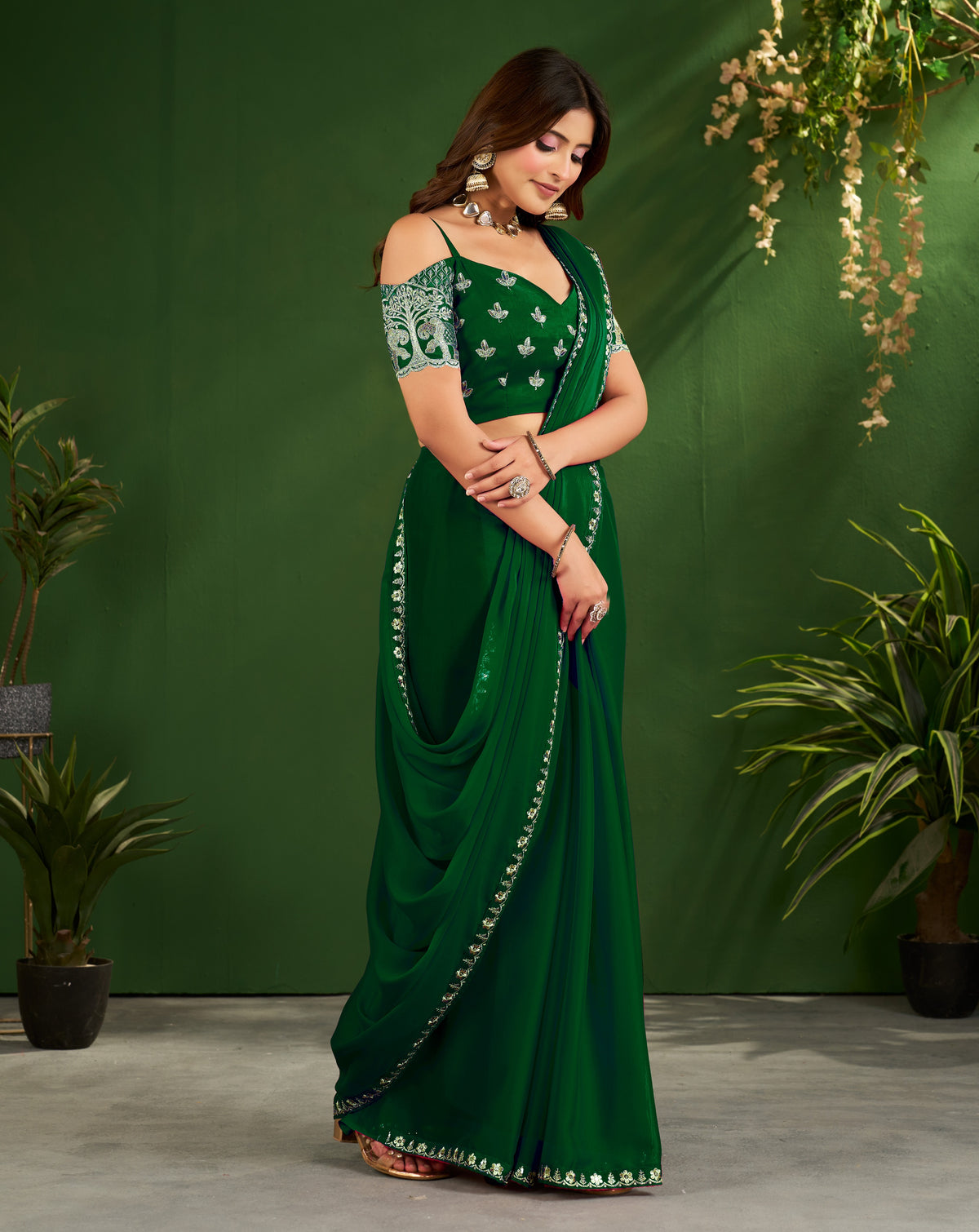 Emerald Green Rangoli Silk Saree with Embroidered Blouse