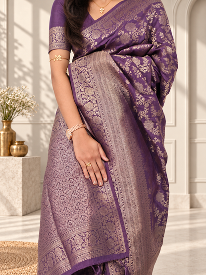 Purple Pure Katan Silk Banarasi Handloom Saree