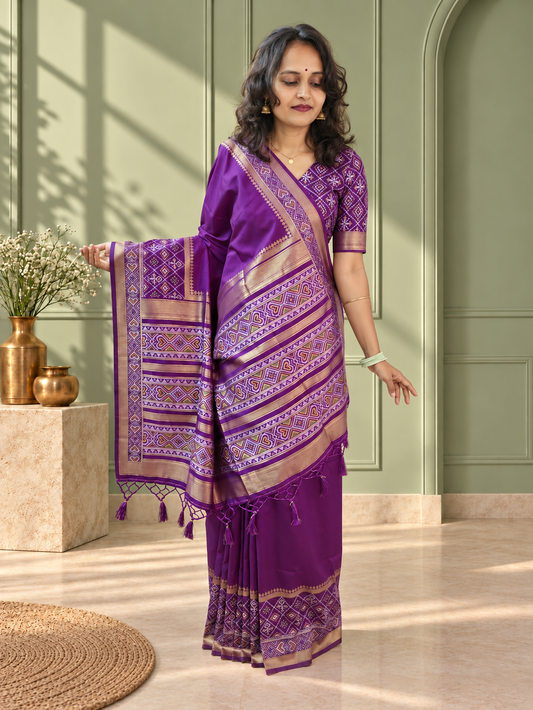 Purple Silk Gala Patola Broad Border Saree