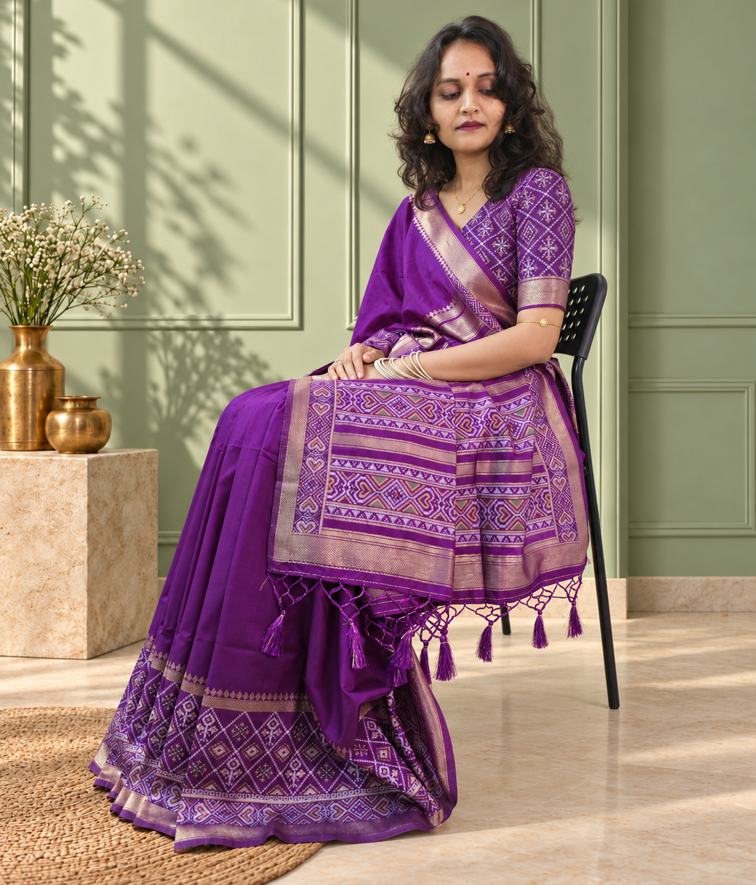 purple silk gala patola broad border saree