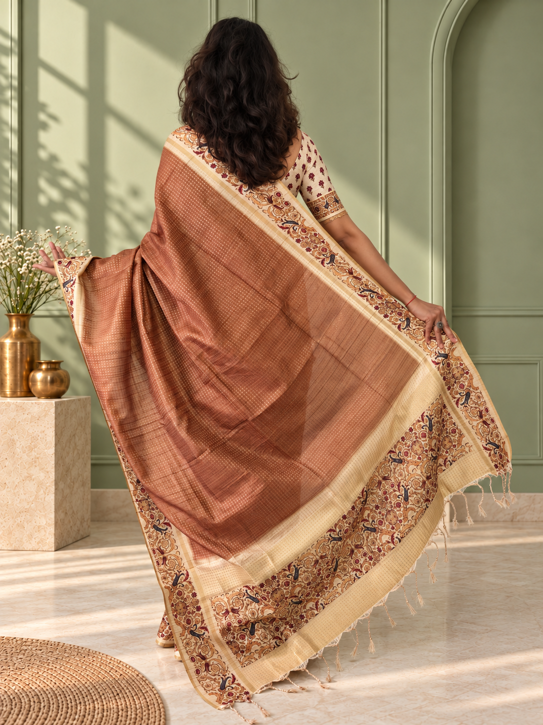 ornate floral border taupe brown tussar silk saree