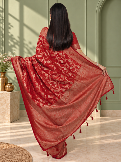 Red Pure Katan Silk Banarasi Handloom Saree