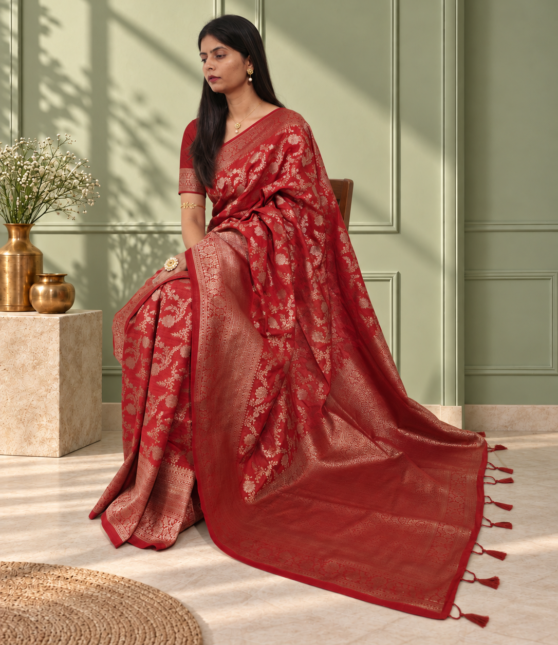 red pure katan silk banarasi handloom saree