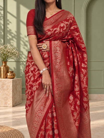 Red Pure Katan Silk Banarasi Handloom Saree
