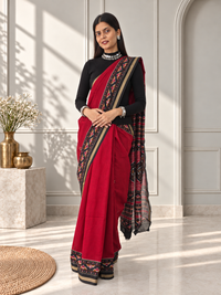 Red Black Kasuthi Hand Embroidered Ilkal Handwoven Cotton Saree