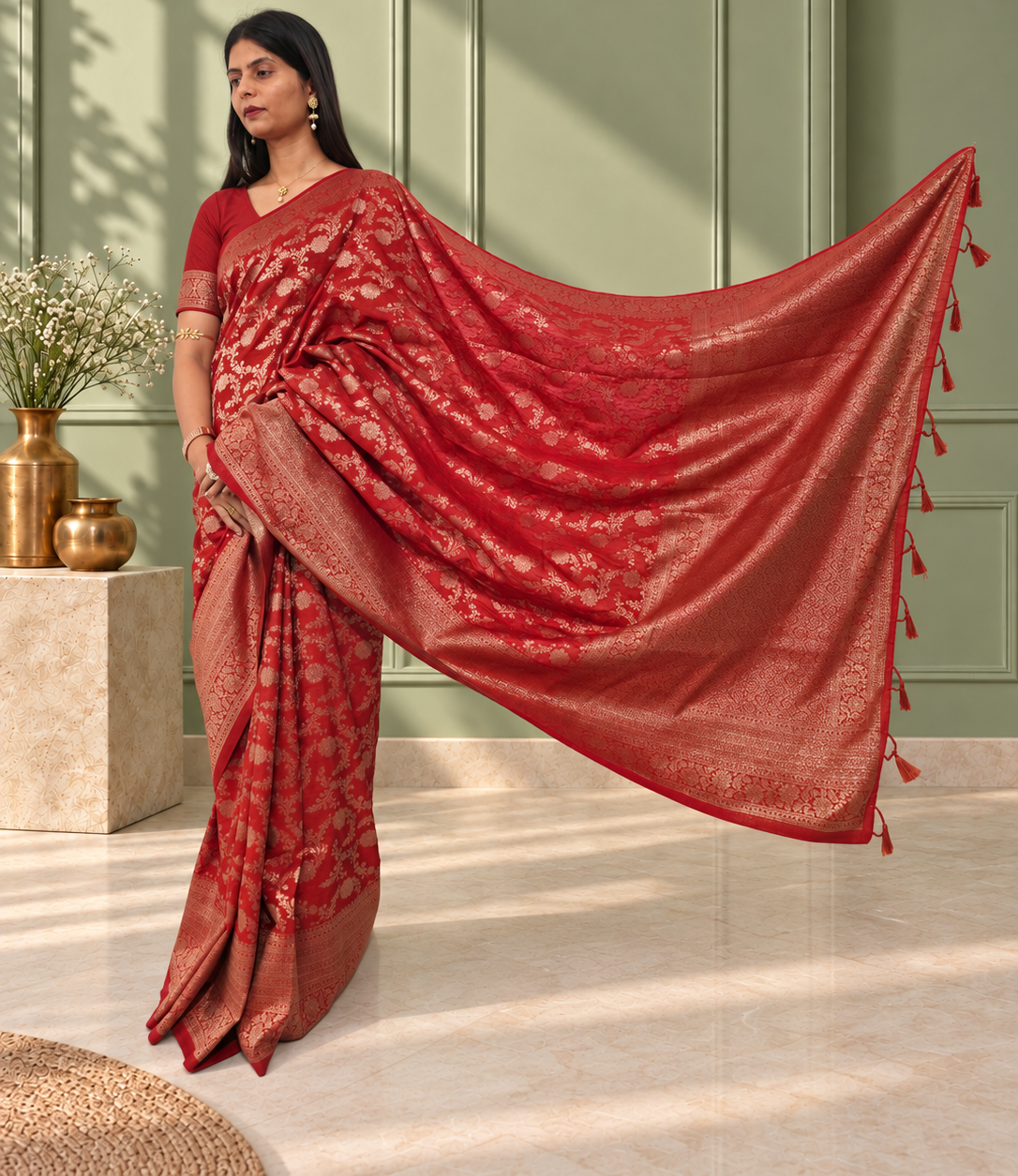 red pure katan silk banarasi handloom saree