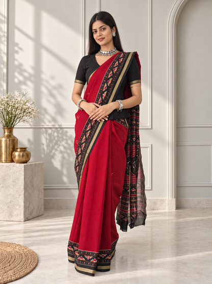 Red Black Kasuthi Hand Embroidered Ilkal Handwoven Cotton Saree