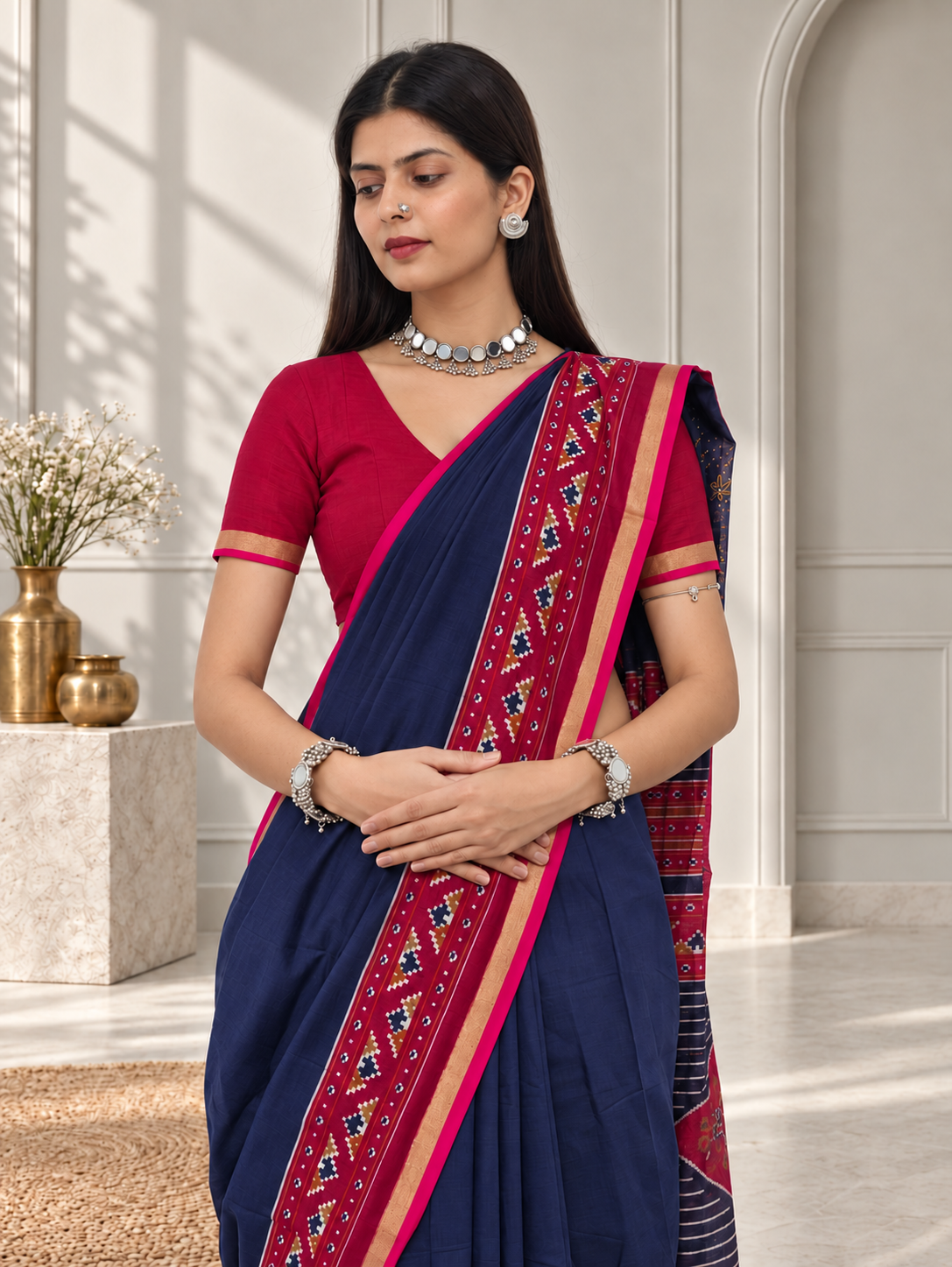 navy blue red kasuthi hand embroidered ilkal handwoven cotton saree