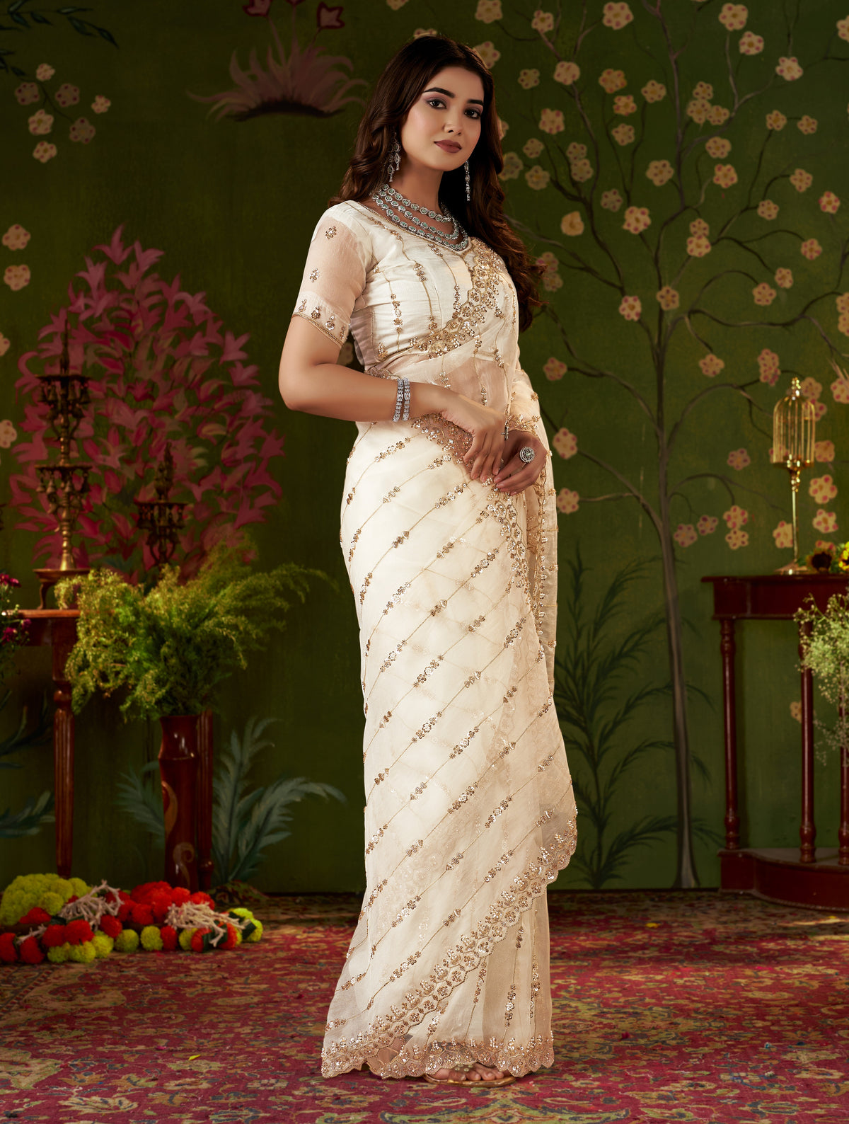 Ivory White Floral Stripe Tissue Silk Saree with Hand Work