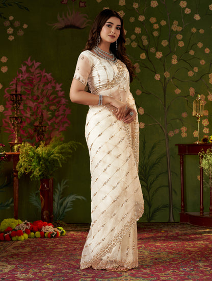 Ivory White Floral Stripe Tissue Silk Saree with Hand Work