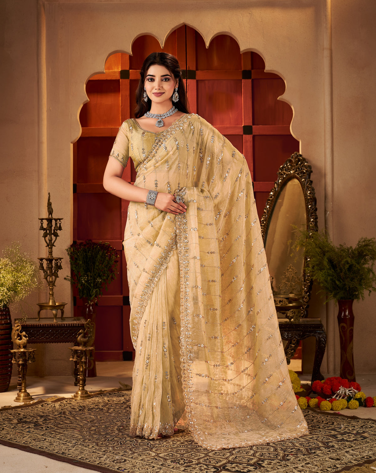 champagne gold floral stripe tissue silk saree with hand work