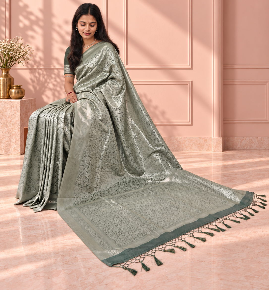 sage green banarasi silk saree with floral jaal & rich woven border