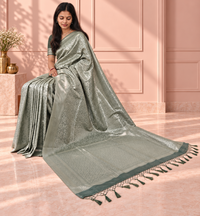Sage Green Banarasi Silk Saree with Floral Jaal & Rich Woven Border