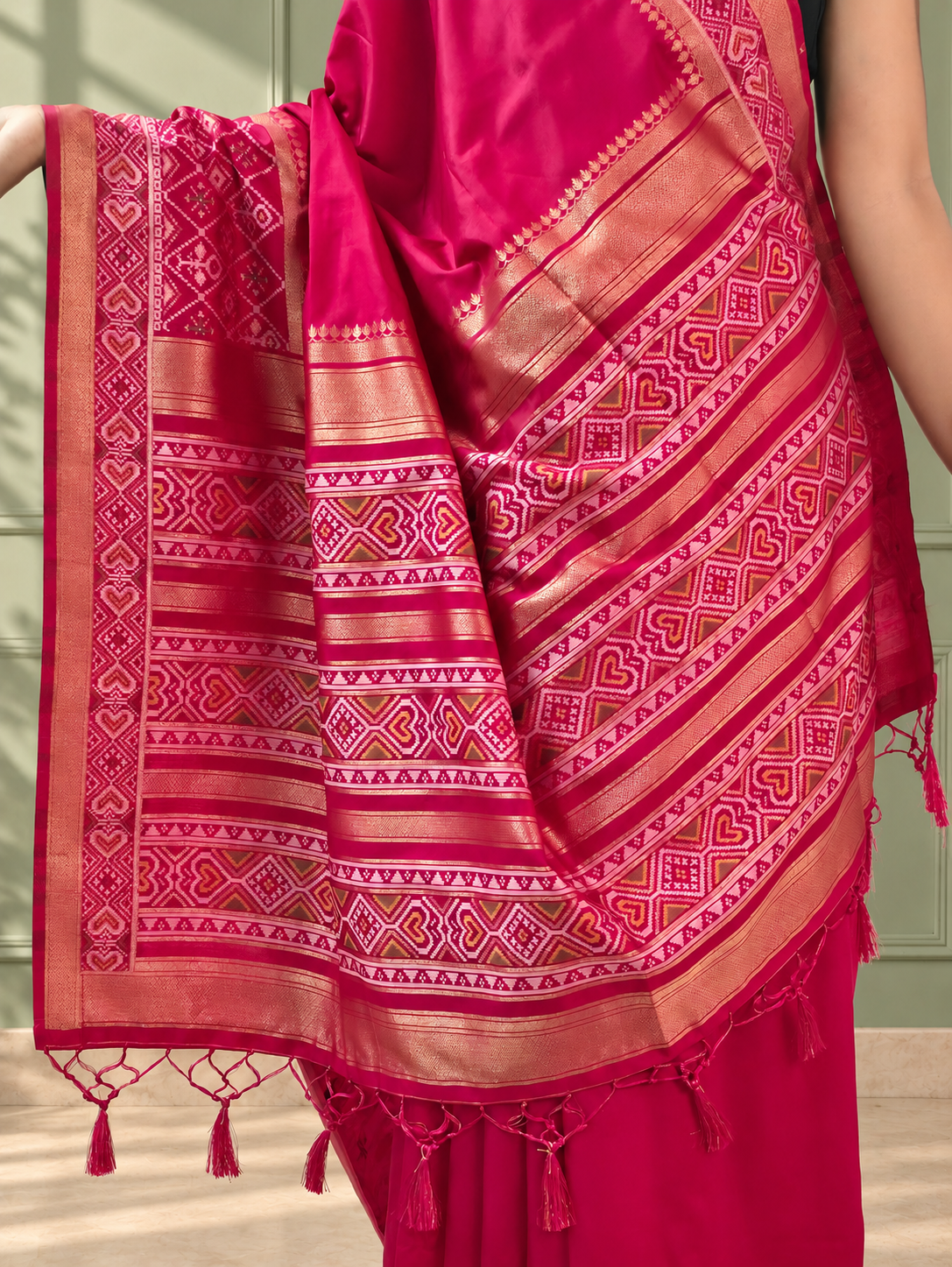 Rani Pink Silk Gala Patola Broad Border Saree