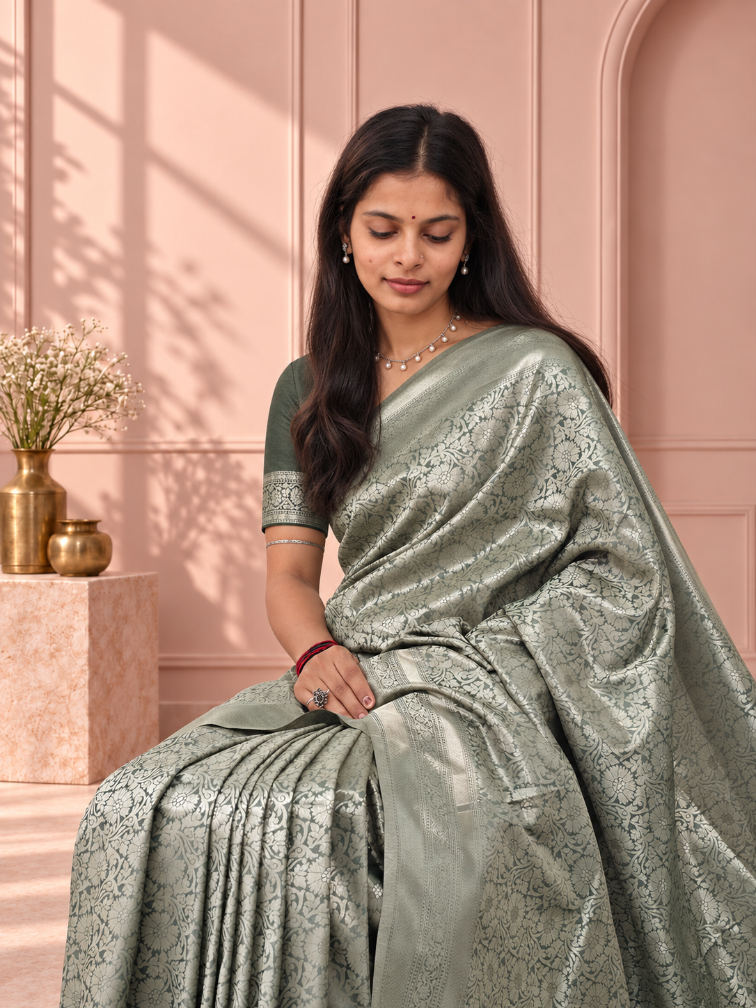 sage green banarasi silk saree with floral jaal & rich woven border