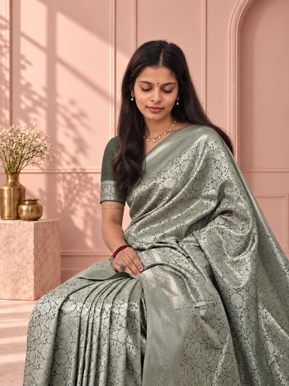 Sage Green Banarasi Silk Saree with Floral Jaal & Rich Woven Border