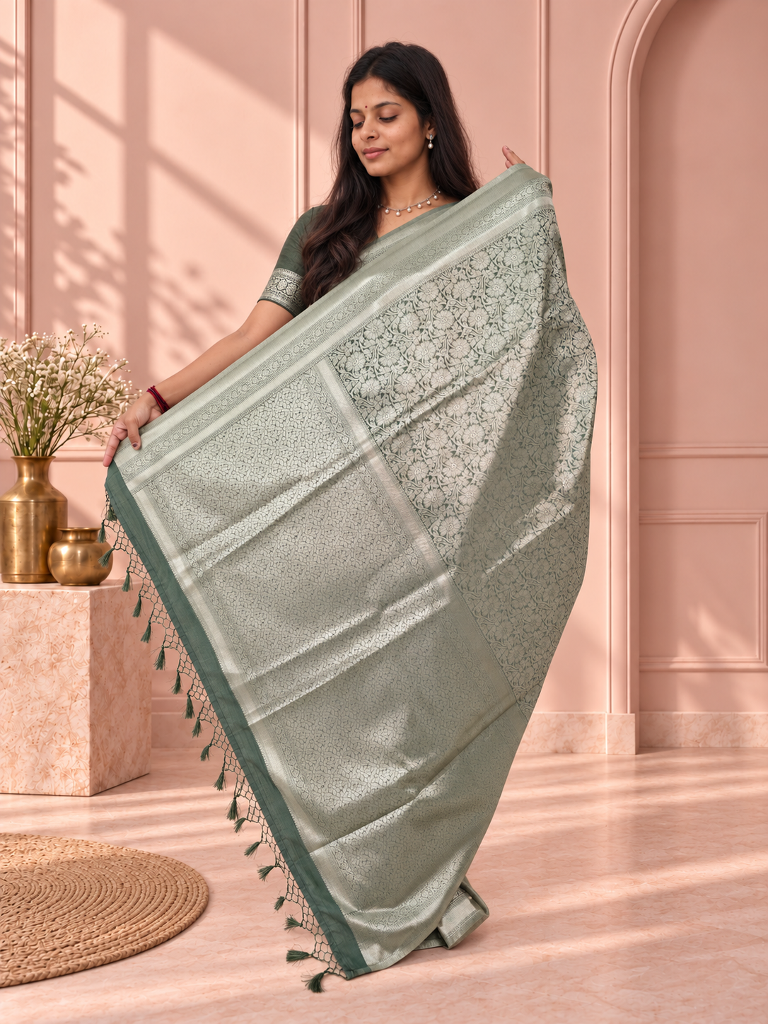 Sage Green Banarasi Silk Saree with Floral Jaal & Rich Woven Border