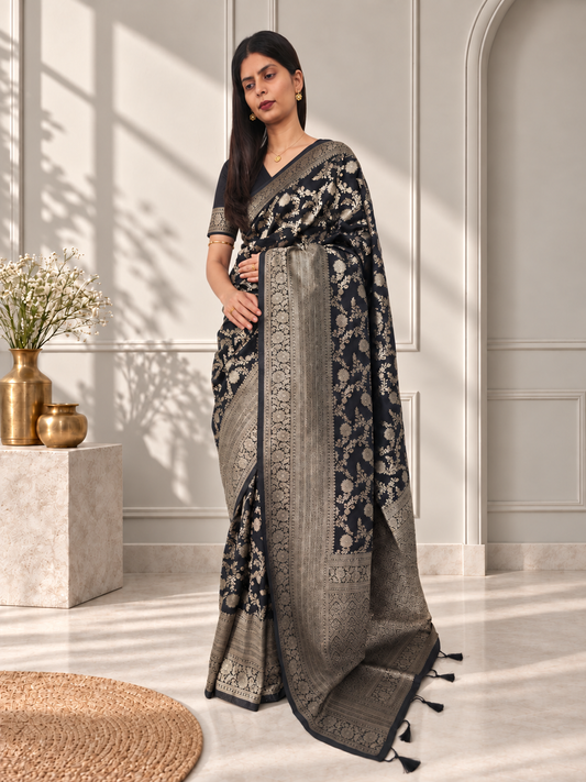 Black Pure Katan Silk Banarasi Handloom Saree