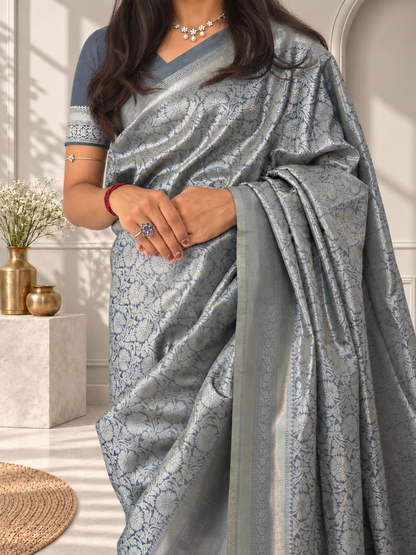 Steel Blue Banarasi Silk Saree with Floral Jaal & Rich Woven Border