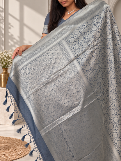 Steel Blue Banarasi Silk Saree with Floral Jaal & Rich Woven Border
