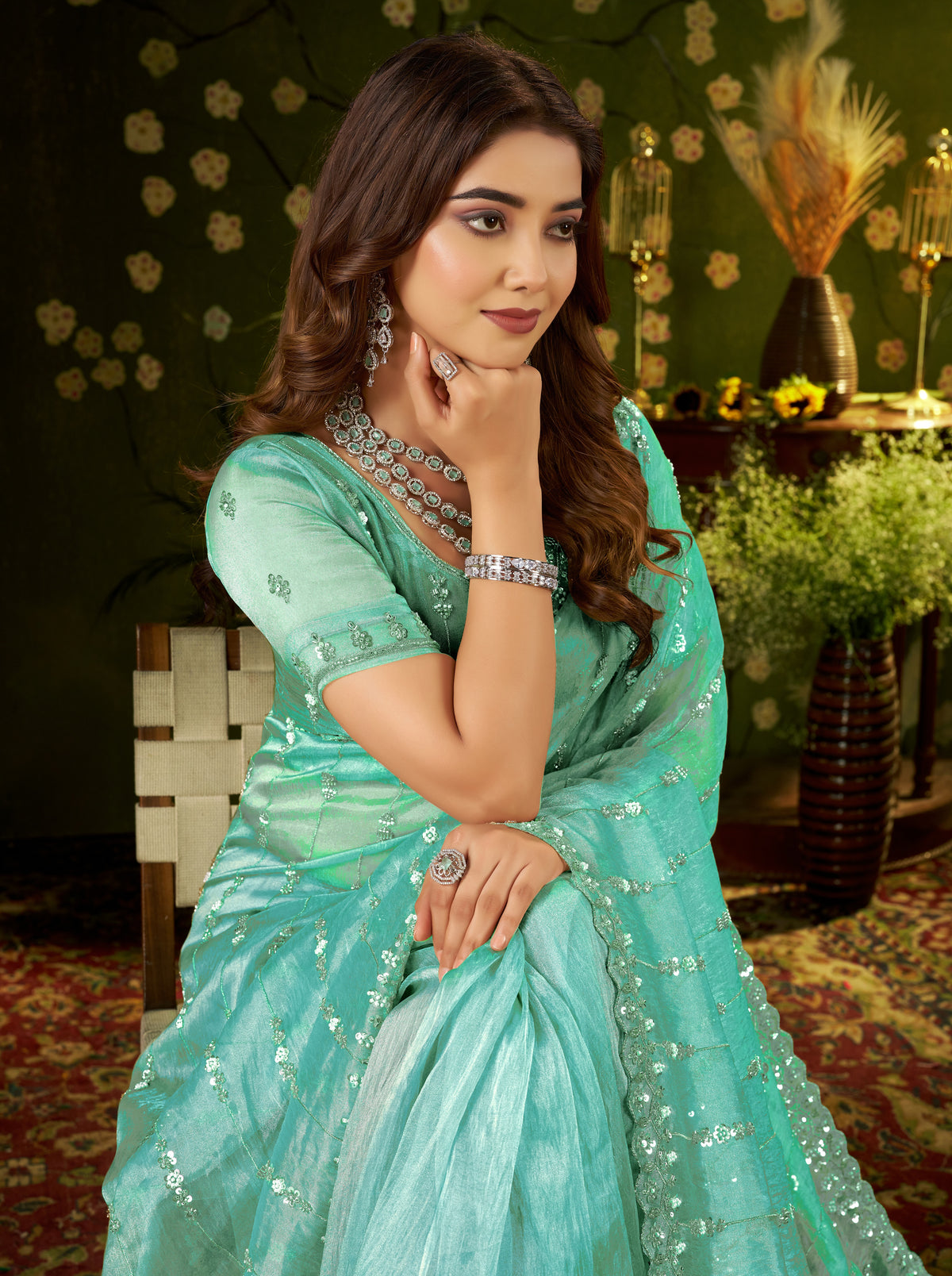 floral stripe pattern on chhoga sea green tissue silk saree