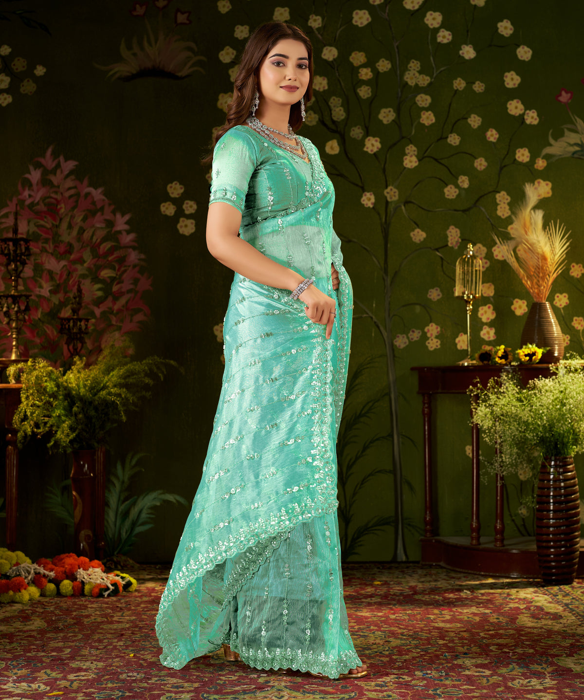 chhoga sea green floral stripe tissue silk saree with hand work front view