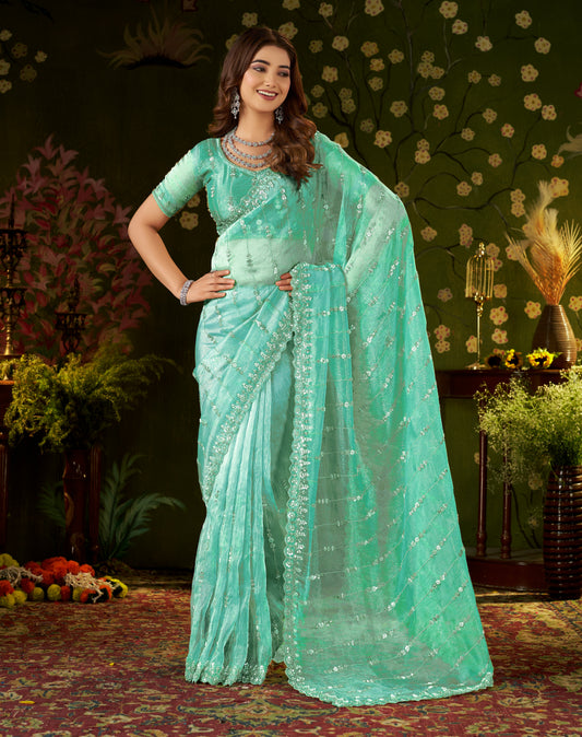 Chhoga Sea Green Floral Stripe Tissue Silk Saree for weddings, parties and festive occasions