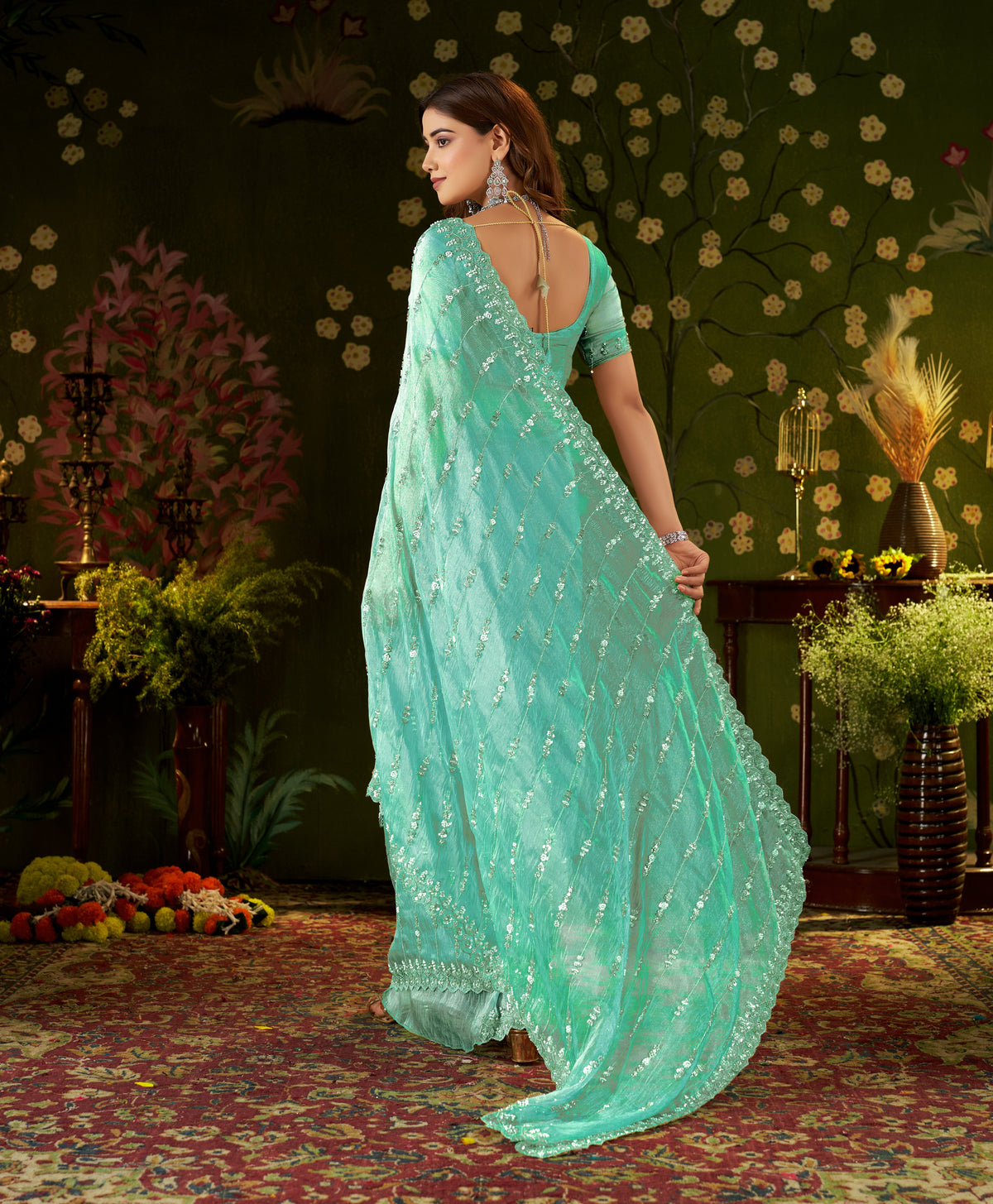 Chhoga Sea Green Tissue Silk Saree with embellished pallu