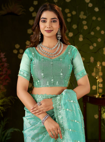 Matching unstitched Sea Green Tissue Silk blouse piece with Chhoga Floral Stripe Saree