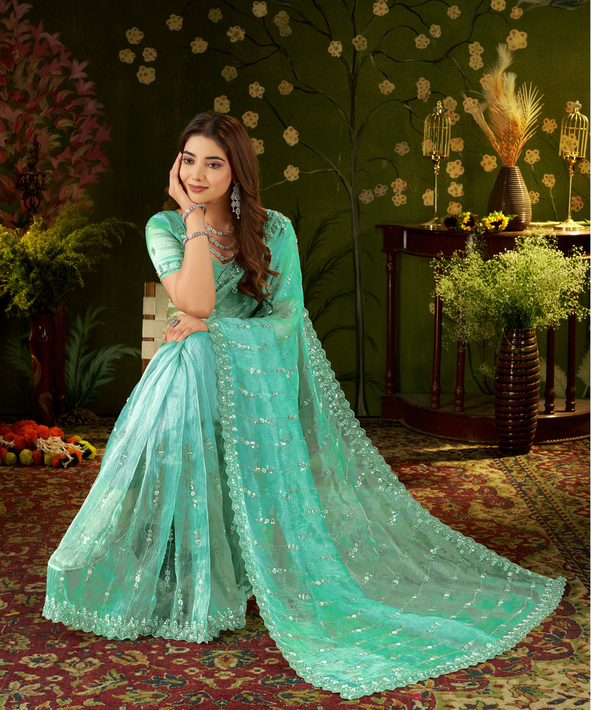 Premium Tissue Silk fabric on Chhoga Sea Green Floral Stripe Saree