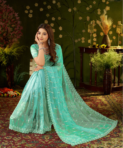 Premium Tissue Silk fabric on Chhoga Sea Green Floral Stripe Saree