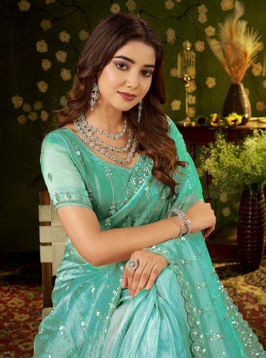 Model wearing Chhoga Sea Green Floral Stripe Tissue Silk Saree with Hand Work