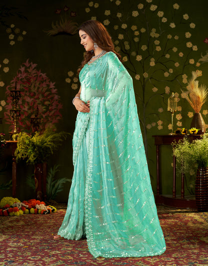 Side view of Chhoga Sea Green Floral Stripe Tissue Silk Saree