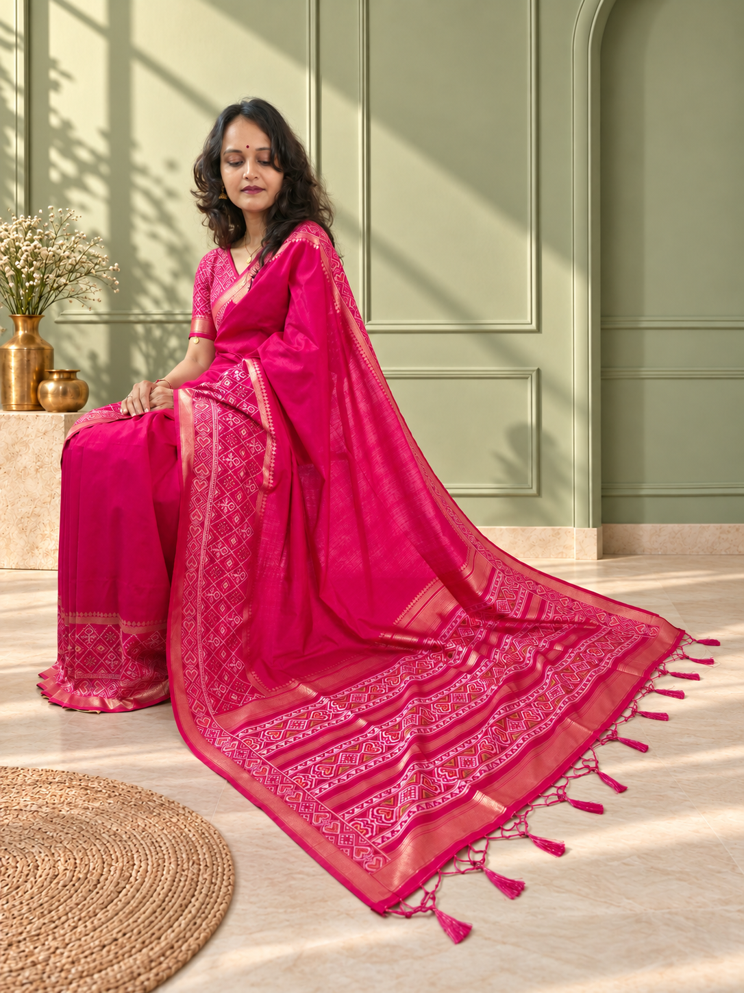 rani pink silk gala patola broad border saree