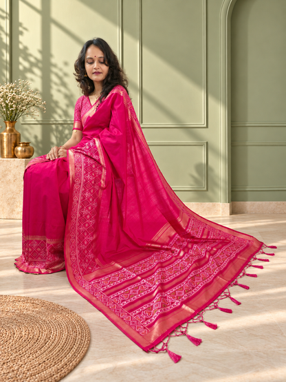 Rani Pink Silk Gala Patola Broad Border Saree