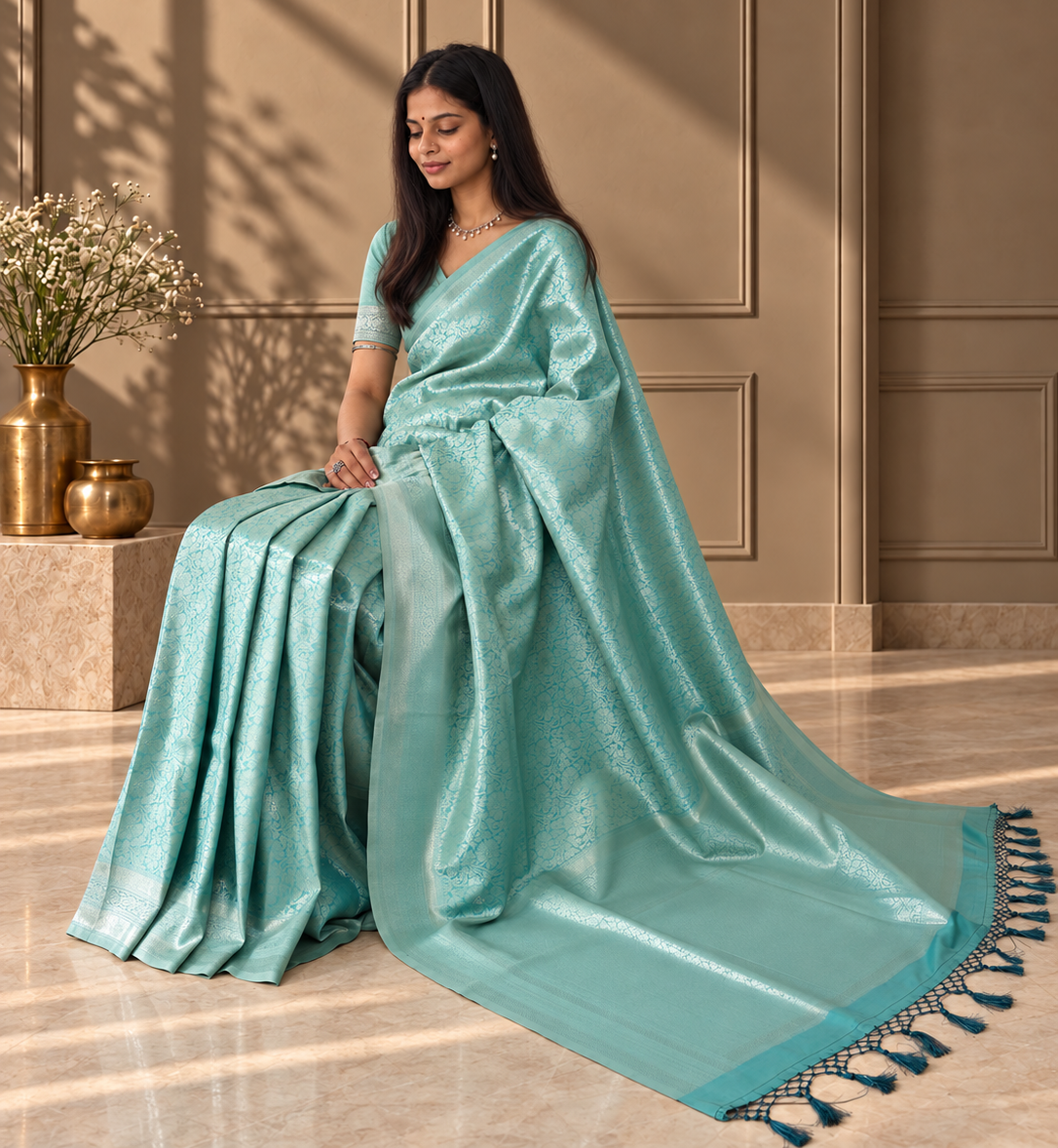 pale aqua blue banarasi silk saree with floral jaal & rich woven border