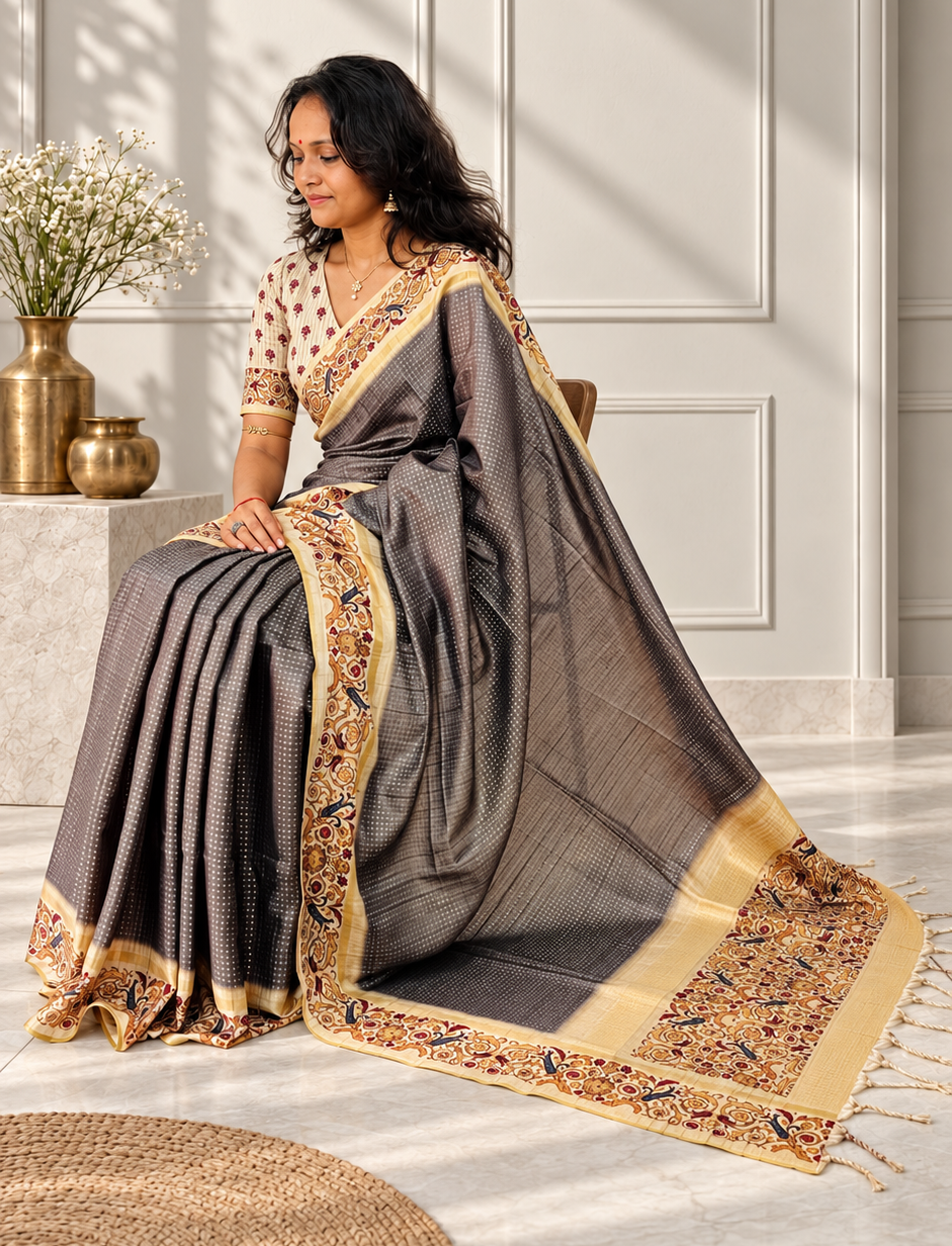 ornate floral border charcoal grey tussar silk saree