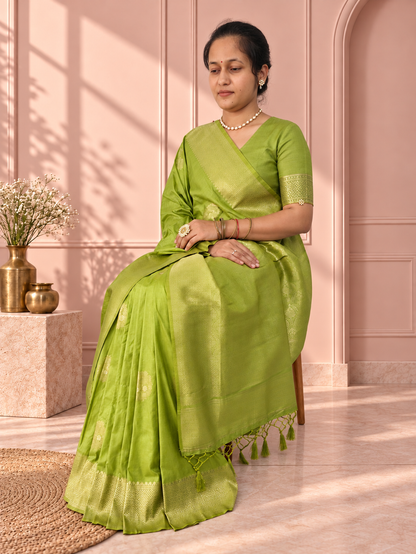 Lime Green Silk Butta Saree with Rich Woven Border