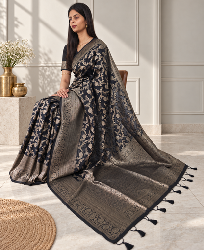 Black Pure Katan Silk Banarasi Handloom Saree