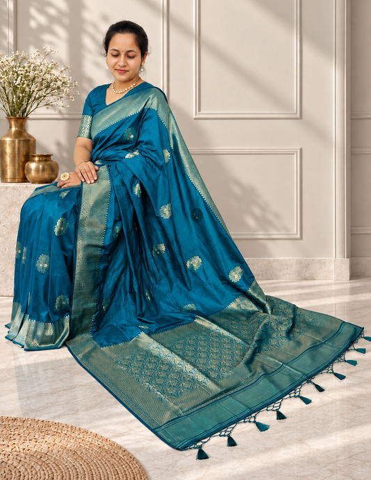 Peacock Blue Silk Butta Saree with Rich Woven Border