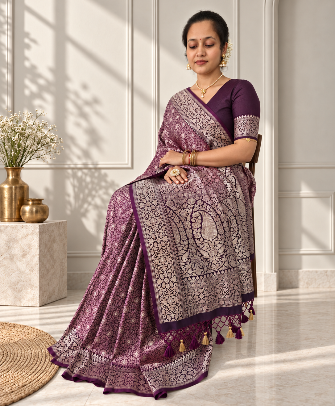 wine crepe jaal silk saree with contrasting floral border