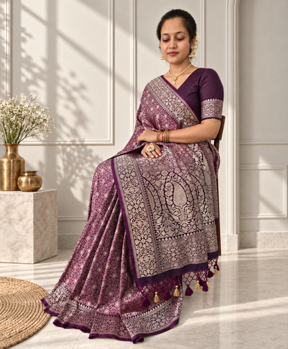 Wine Crepe Jaal Silk Saree with Contrasting Floral Border