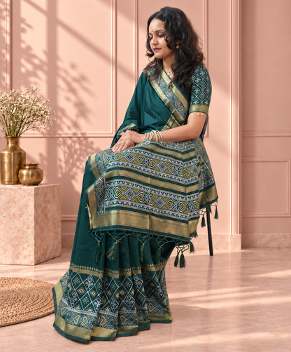 Bottle Green Silk Gala Patola Broad Border Saree