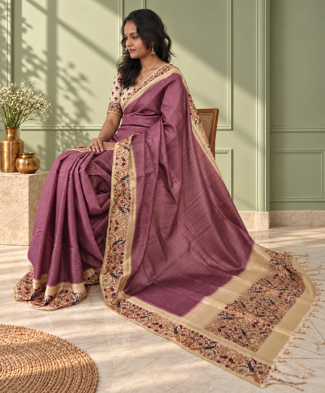 ornate floral border mauve purple tussar silk saree