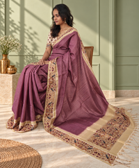 Ornate Floral Border Mauve Purple Tussar Silk Saree