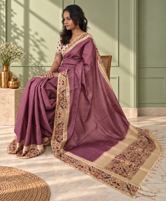 Ornate Floral Border Mauve Purple Tussar Silk Saree
