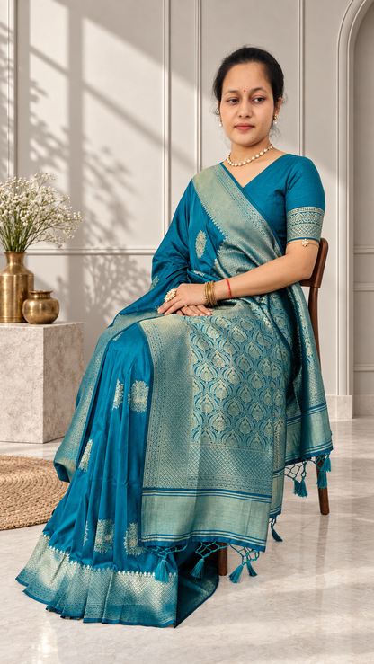 Peacock Blue Silk Butta Saree with Rich Woven Border