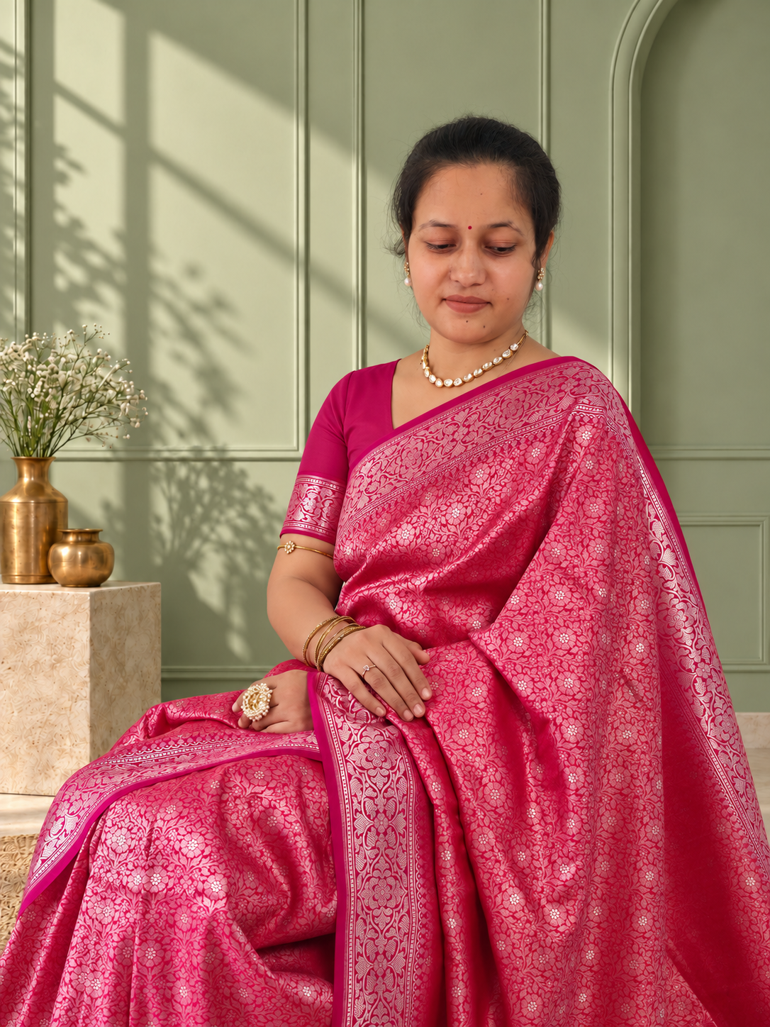 Pink Crepe Jaal Silk Saree with Contrasting Floral Border