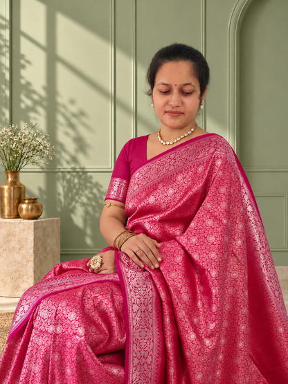 Pink Crepe Jaal Silk Saree with Contrasting Floral Border