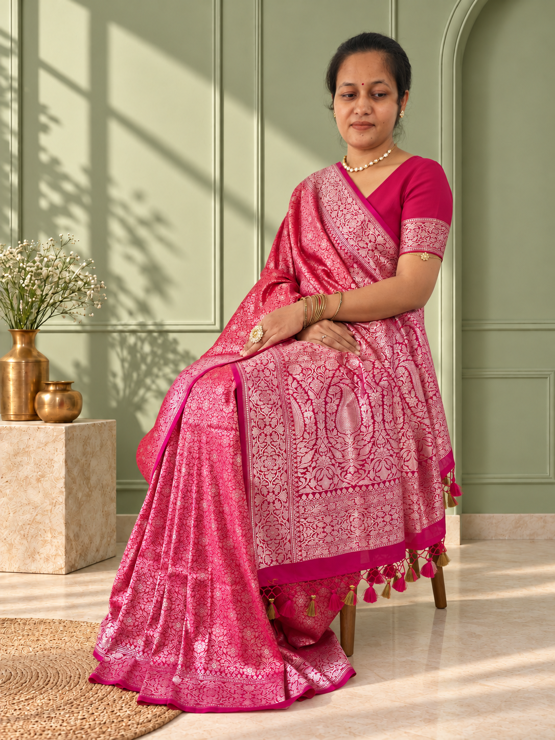 pink crepe jaal silk saree with contrasting floral border